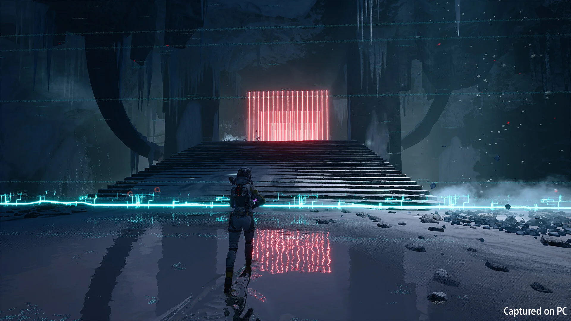 Selene stands before a red light wall at the top of a wet stair, blue circuit line on the ice