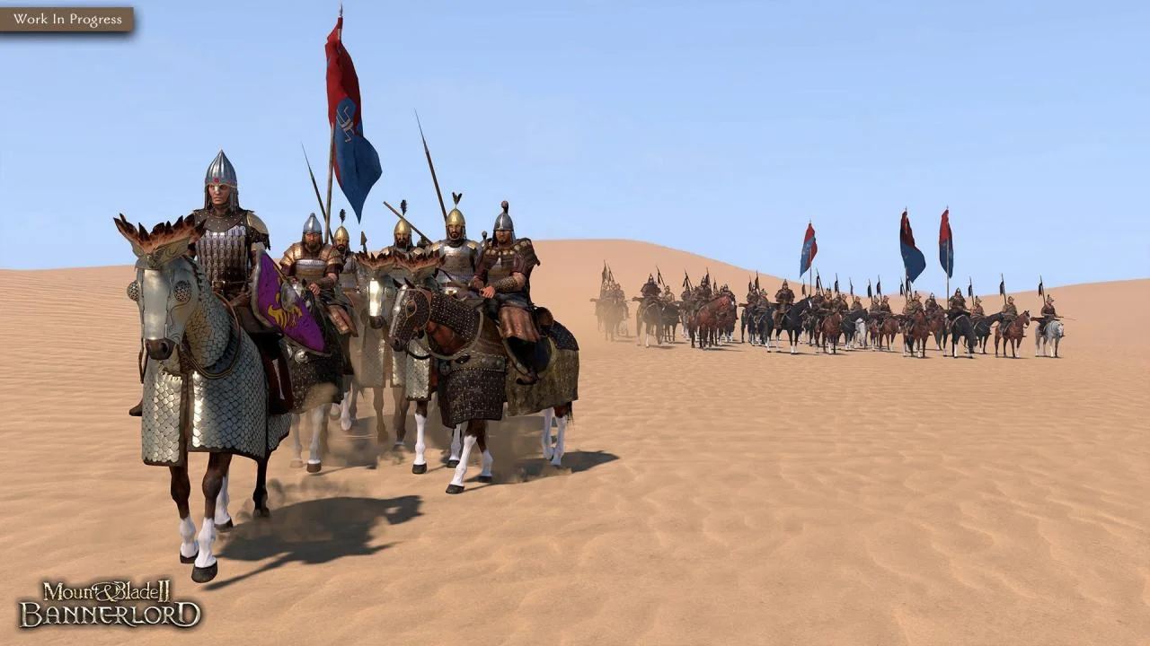 Scale-armoured riders on barded horses with a purple kite shield and red-blue banner, a column receding across dunes
