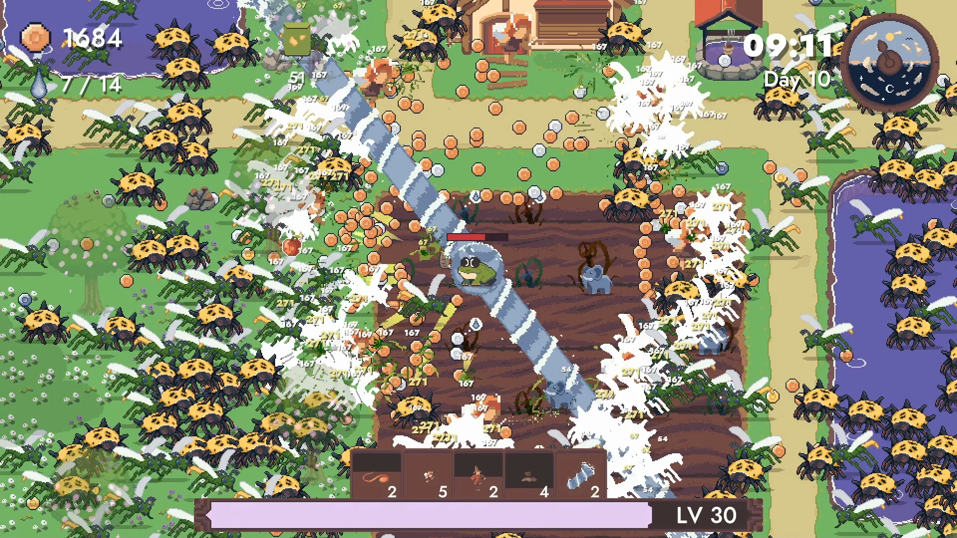 Day 10: frog on dirt plot, yellow spider horde, white spray beams, LV 30, 09:11