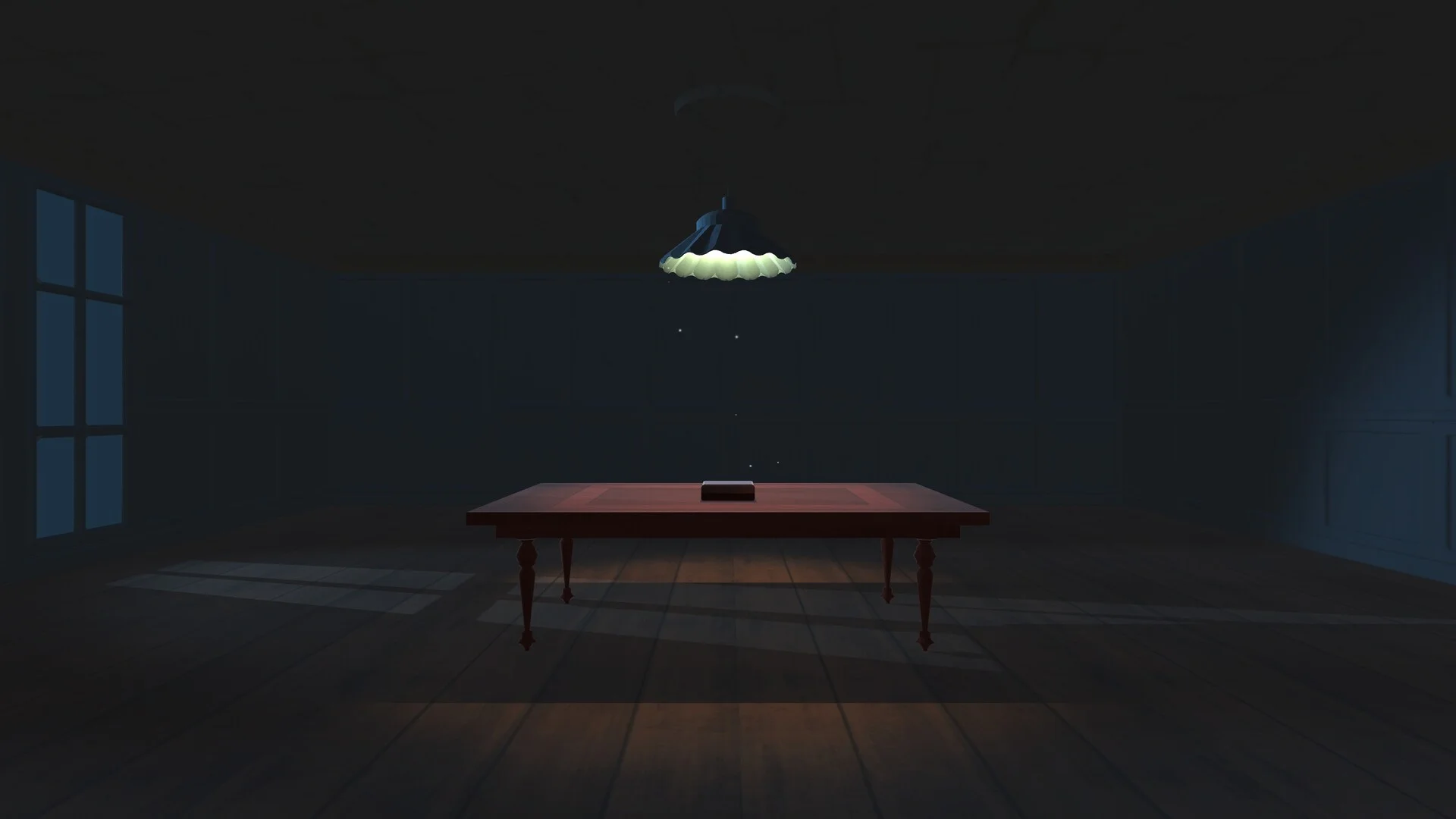 Dark room: wooden table under a hanging lamp, single card box, night window