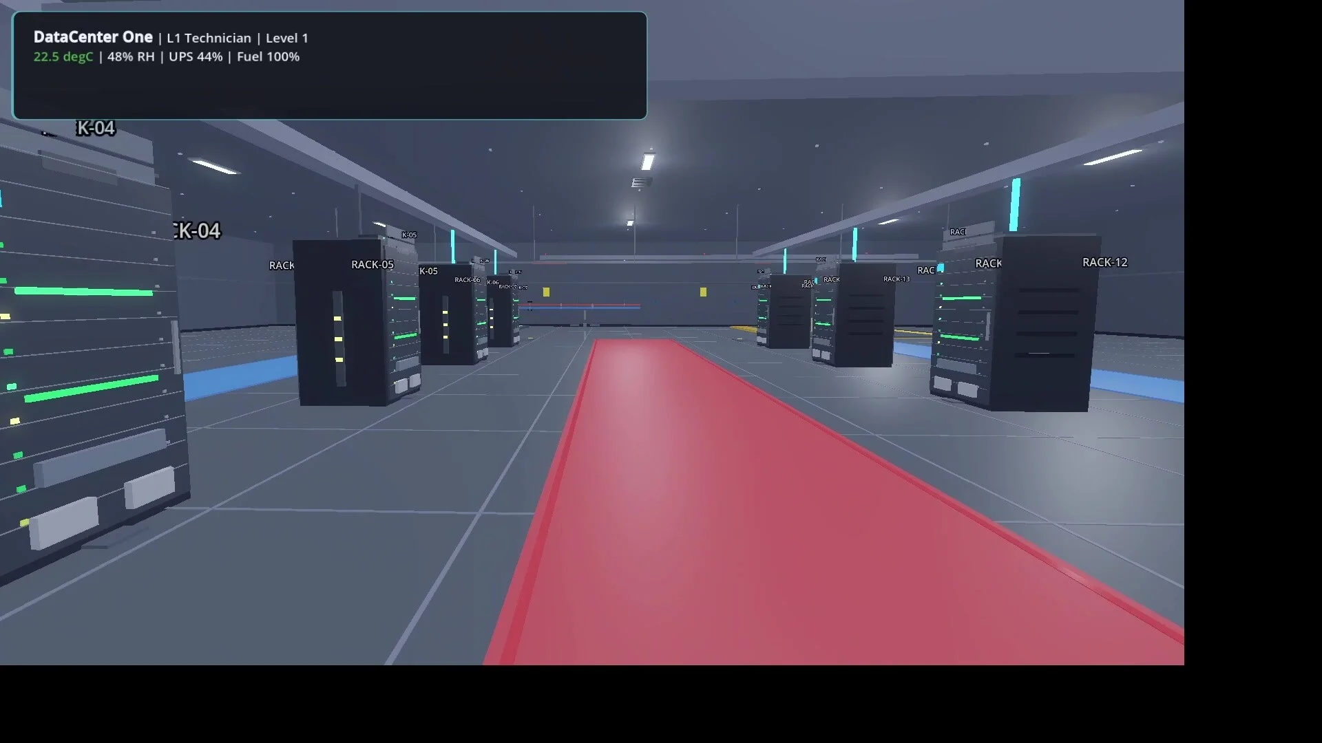 Same grey hall from rack K-04 looking toward RACK-12, red runner centered, green LED bars on black cabinets, cyan ceiling strips
