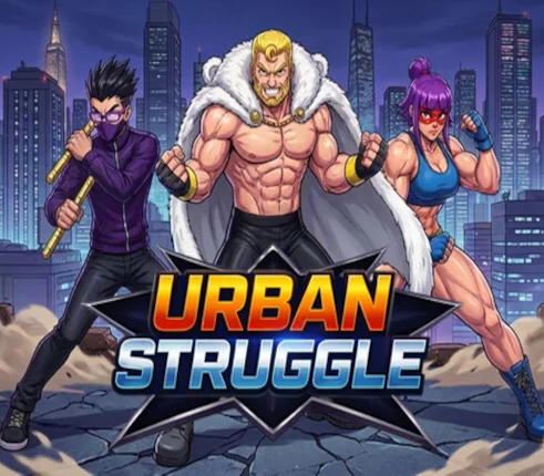 Urban Struggle fighters pose before a night city skyline above the game logo
