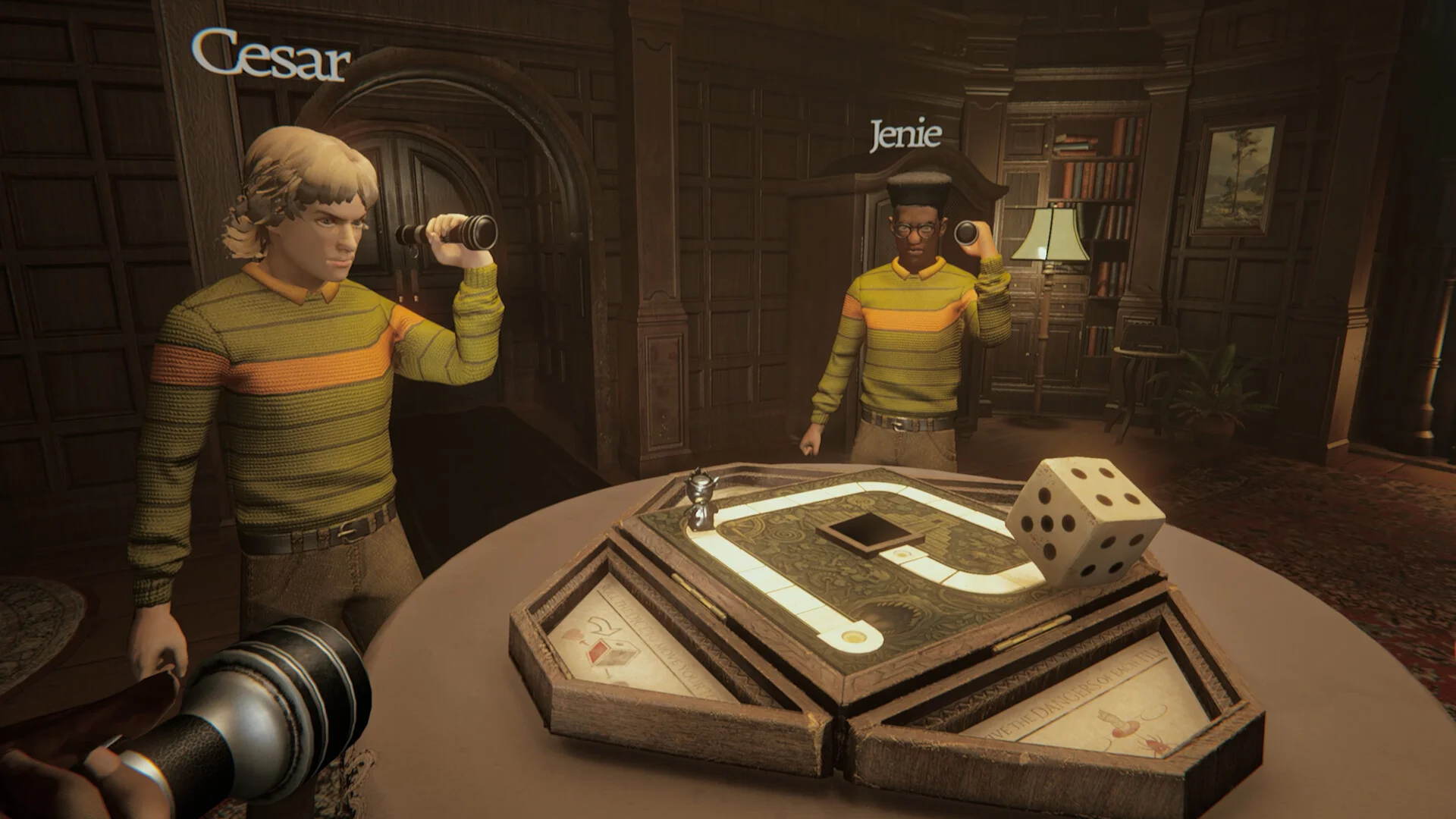 Round table with a pentagonal board, a glowing white path and a tumbling die showing five, Cesar and Jenie with flashlights in a study