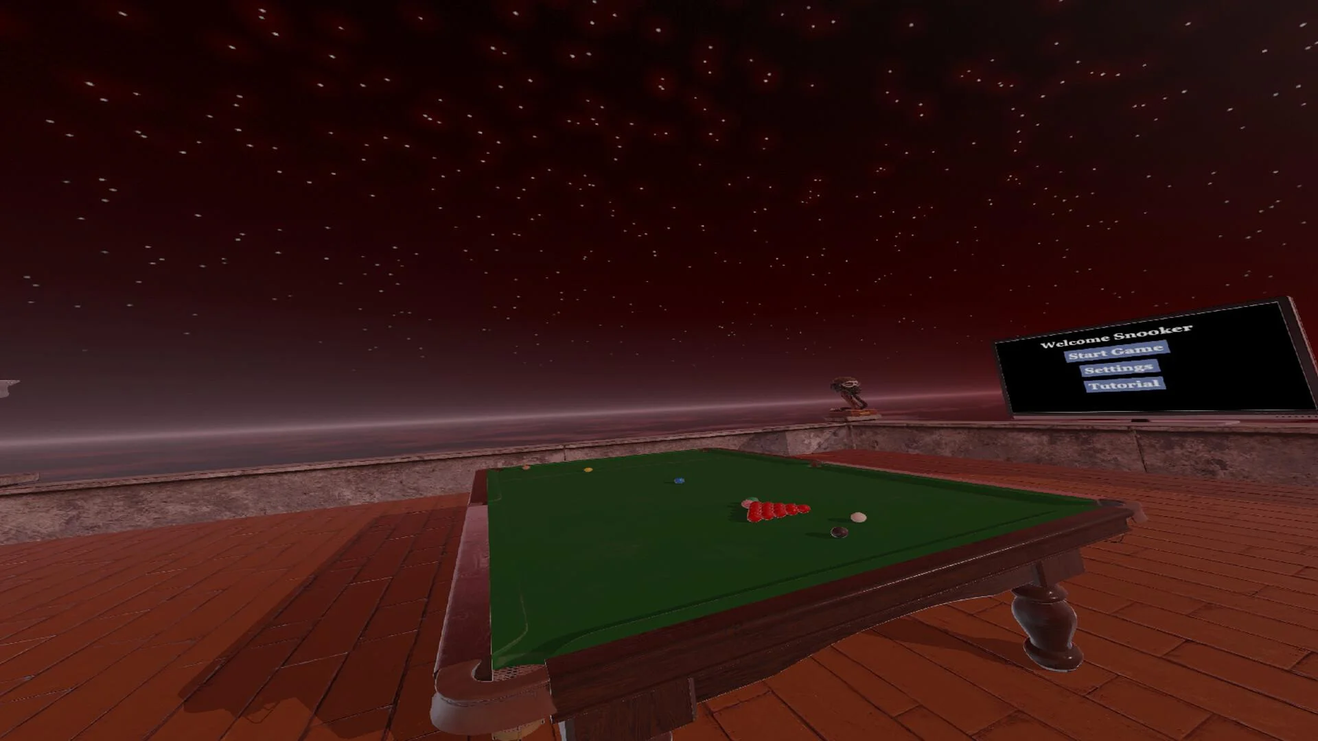 Snooker Billiard cue aiming on a sky table