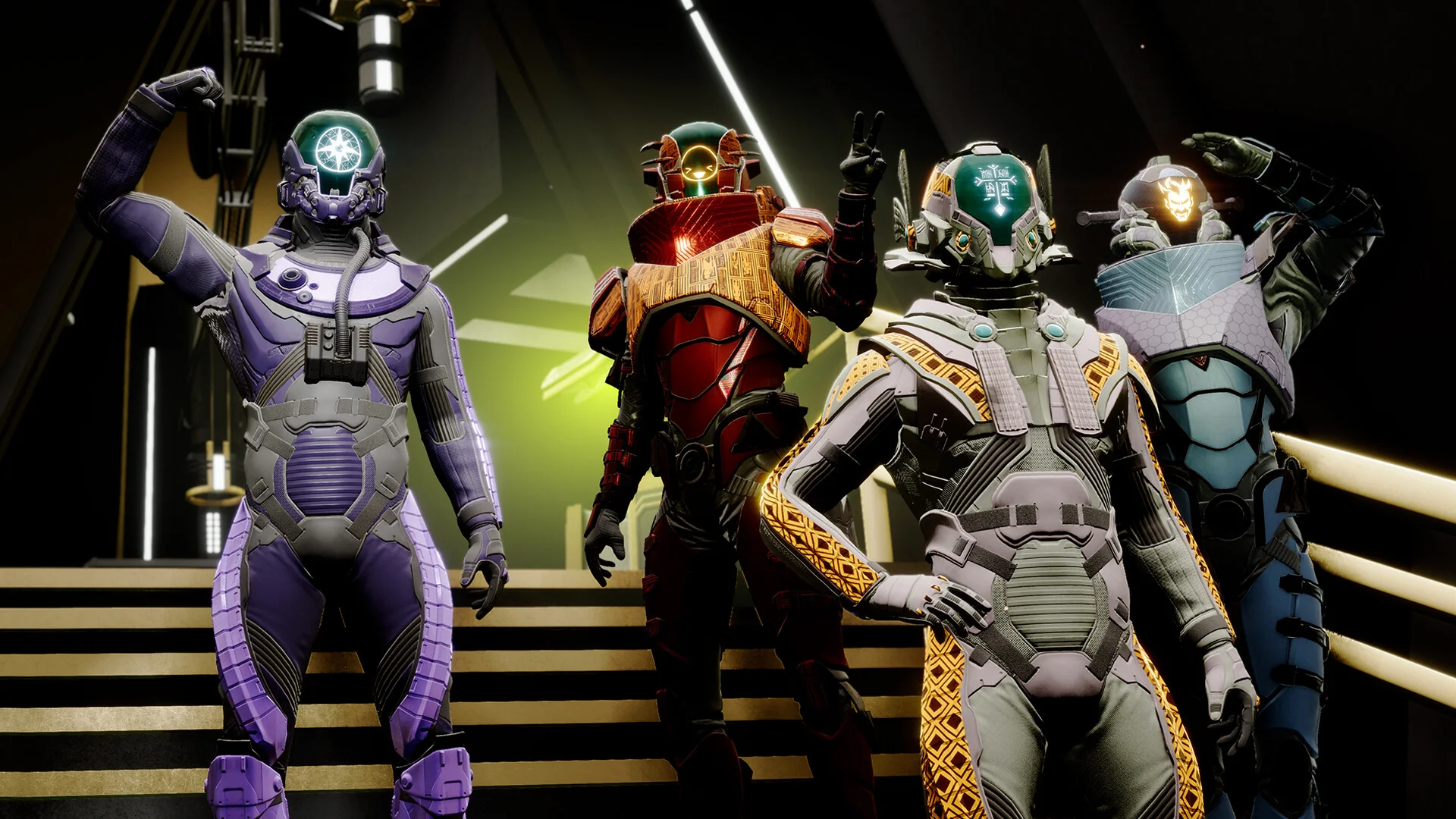 Four customised spacesuits posing on gold stairs: purple visor, red gold collar, grey gold cape, blue honeycomb armour