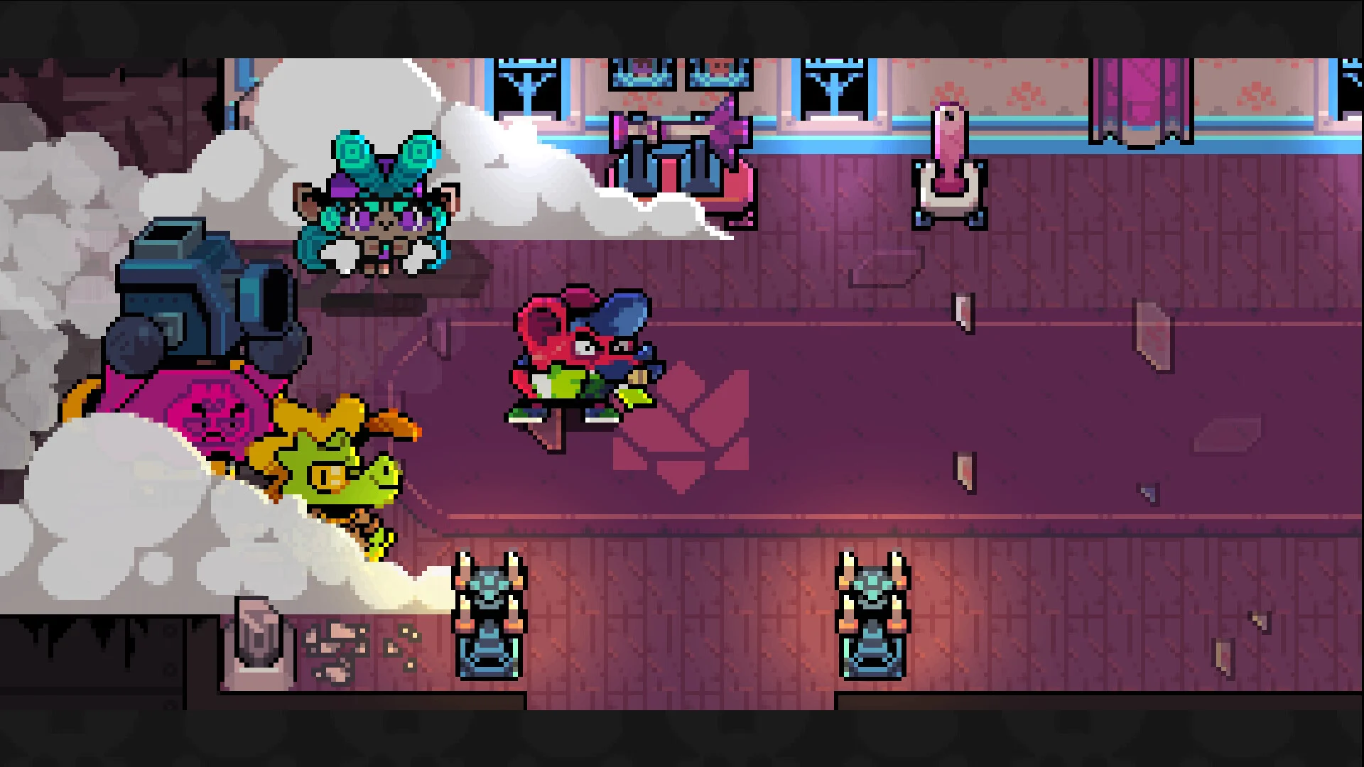 A colorful street fight with smoke and a crowd of characters