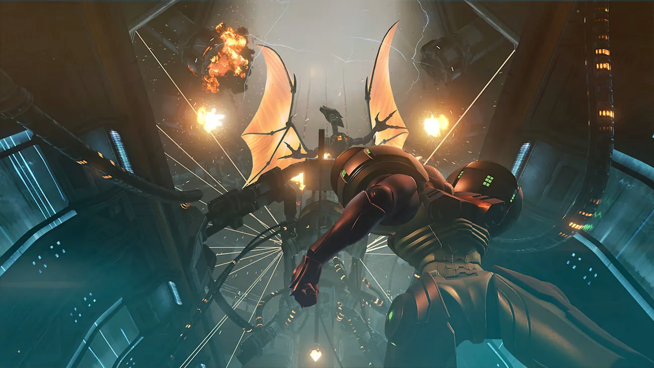 Samus morph-ball form in a dark tunnel with lights.