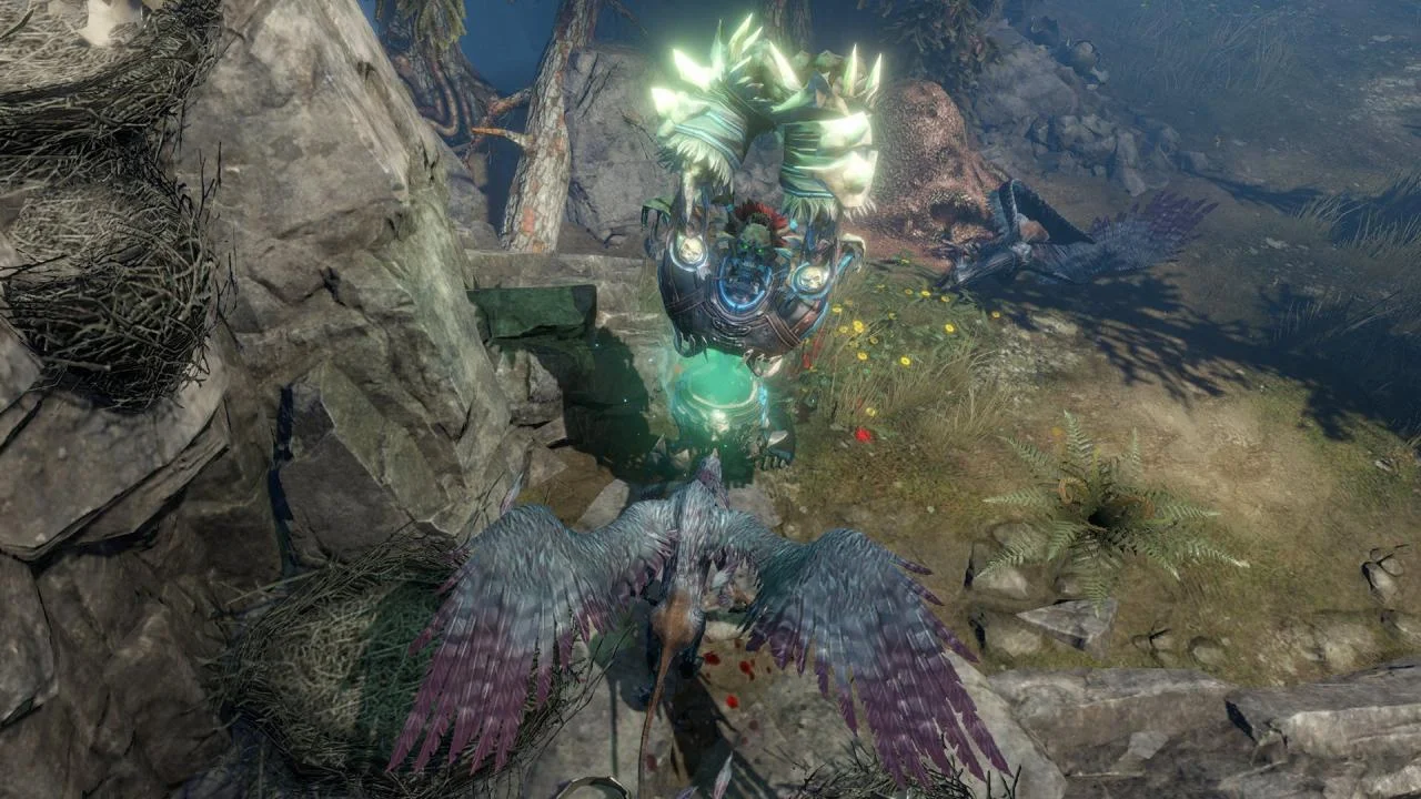 Horned glowing figure standing over a grey griffin on a forest path, empty nests on the rocks