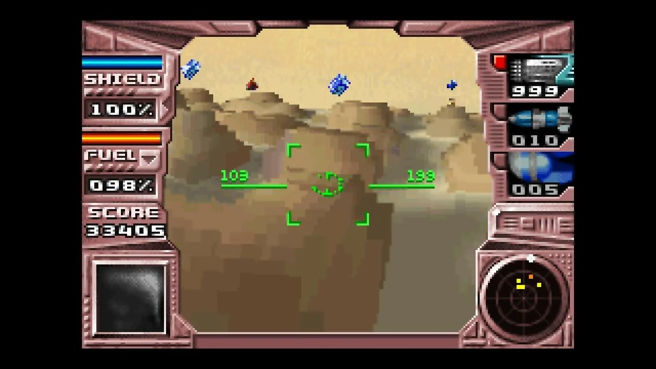 Cockpit HUD, Shield 100 percent, green reticle over a desert canyon, blue crystals and a red craft