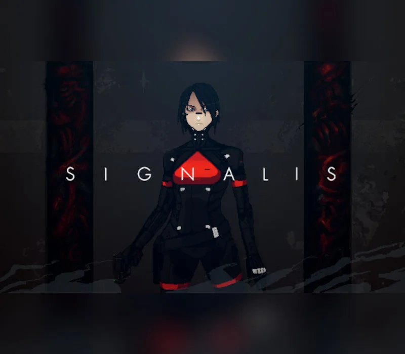 SIGNALIS cover of Elster in a black suit with a red chest disc, white title, pistol in her right hand