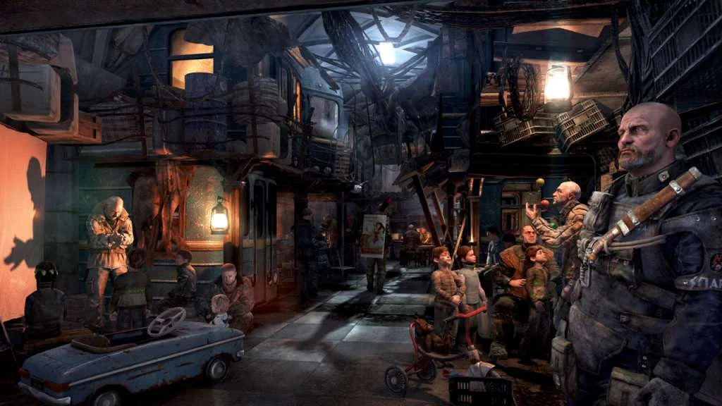 A crowded underground station with a bald man in the foreground