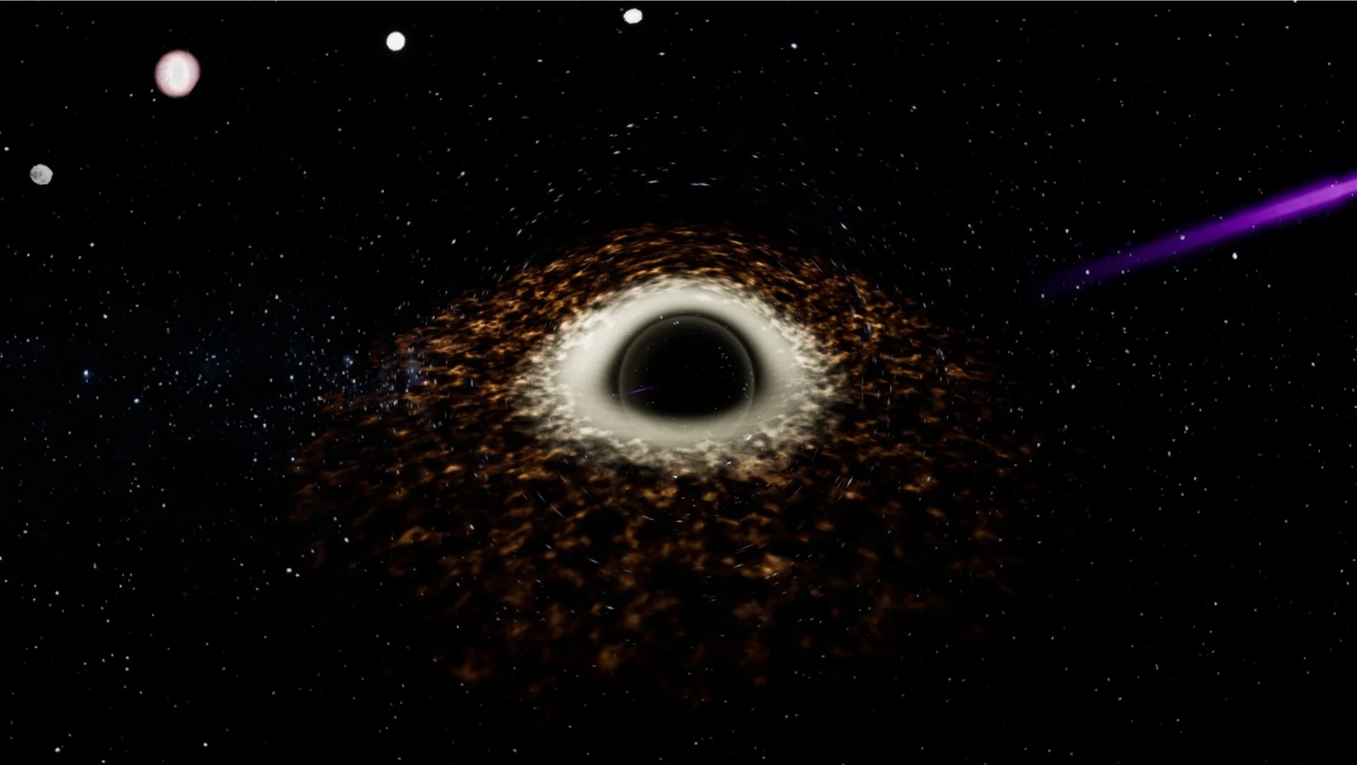 Dark circular void with a glowing beige accretion ring of debris, a purple streak at right and small pale bodies at left