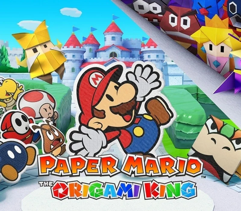 Paper Mario The Origami King cover with Mario, Olivia, and folded characters.