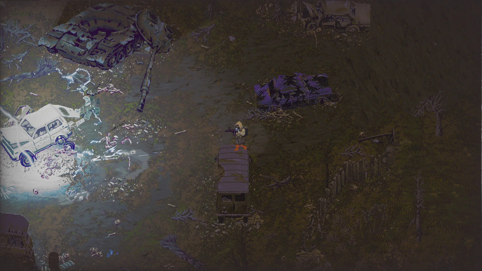Night swamp: wrecked tanks, spotlight on a white van, gas-mask scavenger in the grass