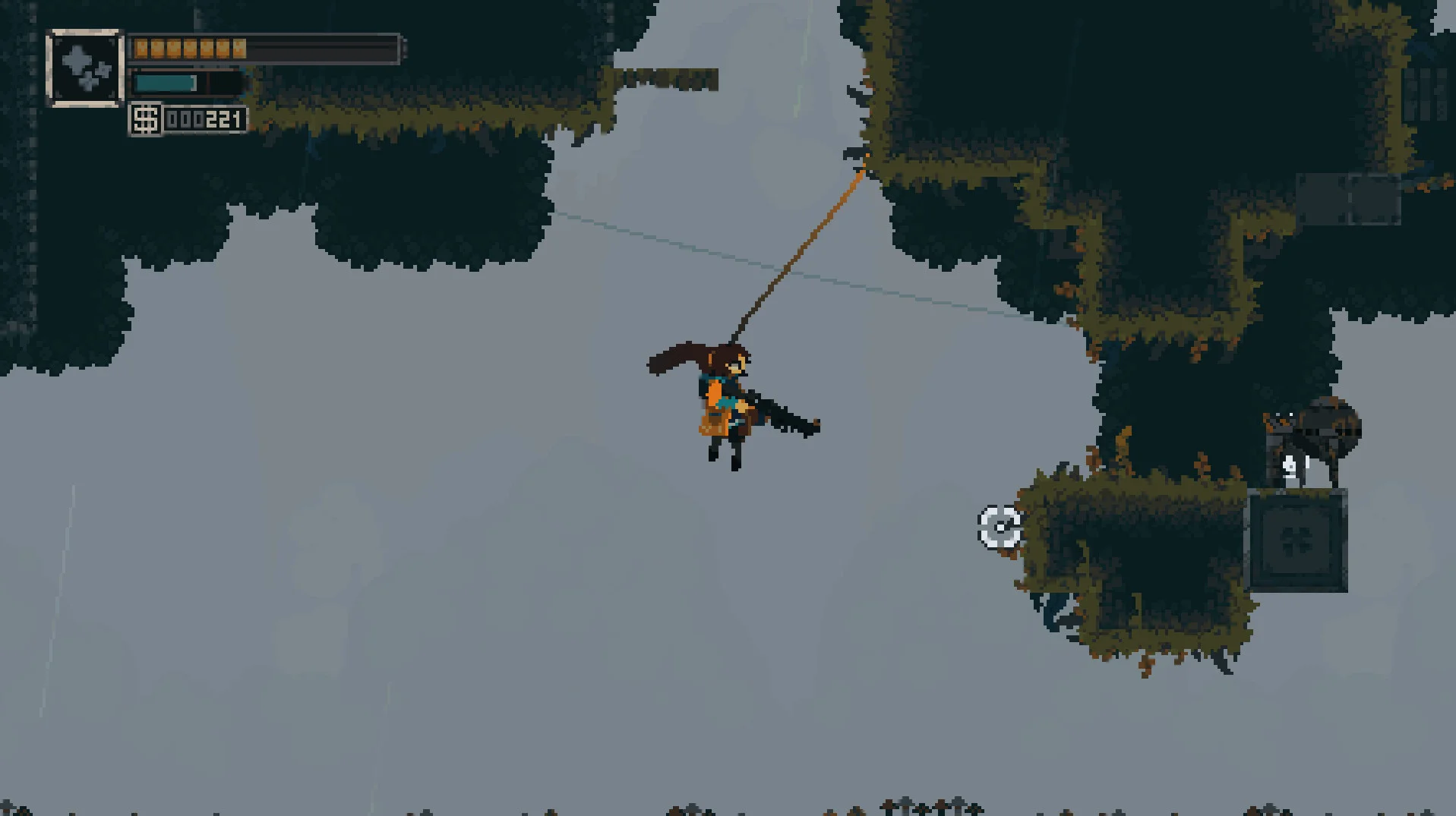 Pixel girl in orange swinging on a rope over a grey chasm, health bar, $000221, turret on a mossy ledge to the right