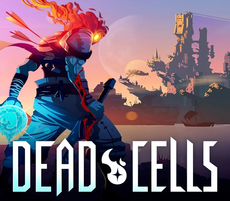 Dead Cells cover: flaming-headed prisoner with glowing visor, blue orb and sword before an island castle at sunset