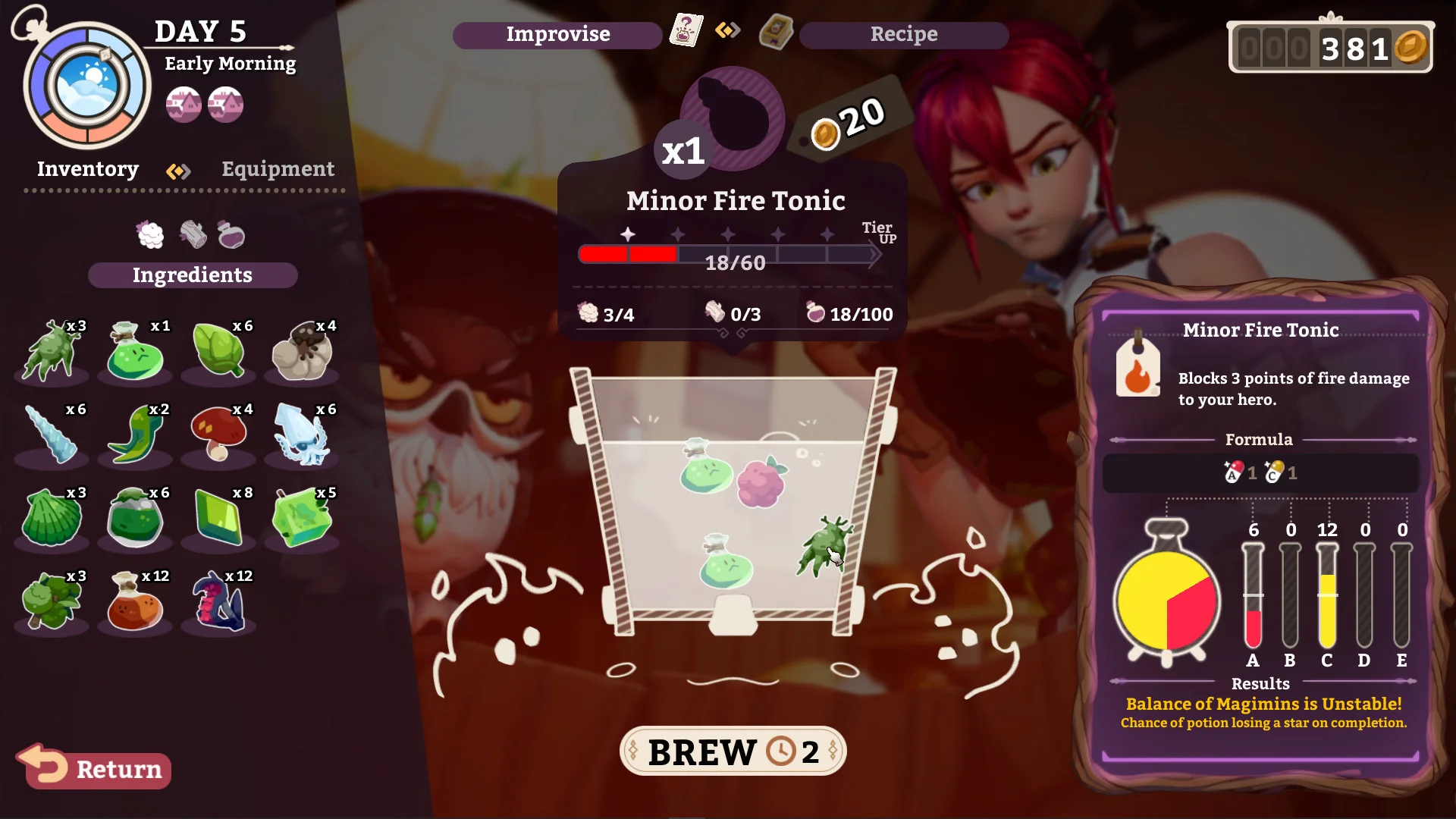 Ekran warzenia Potionomics z balansem składników Minor Fire Tonic