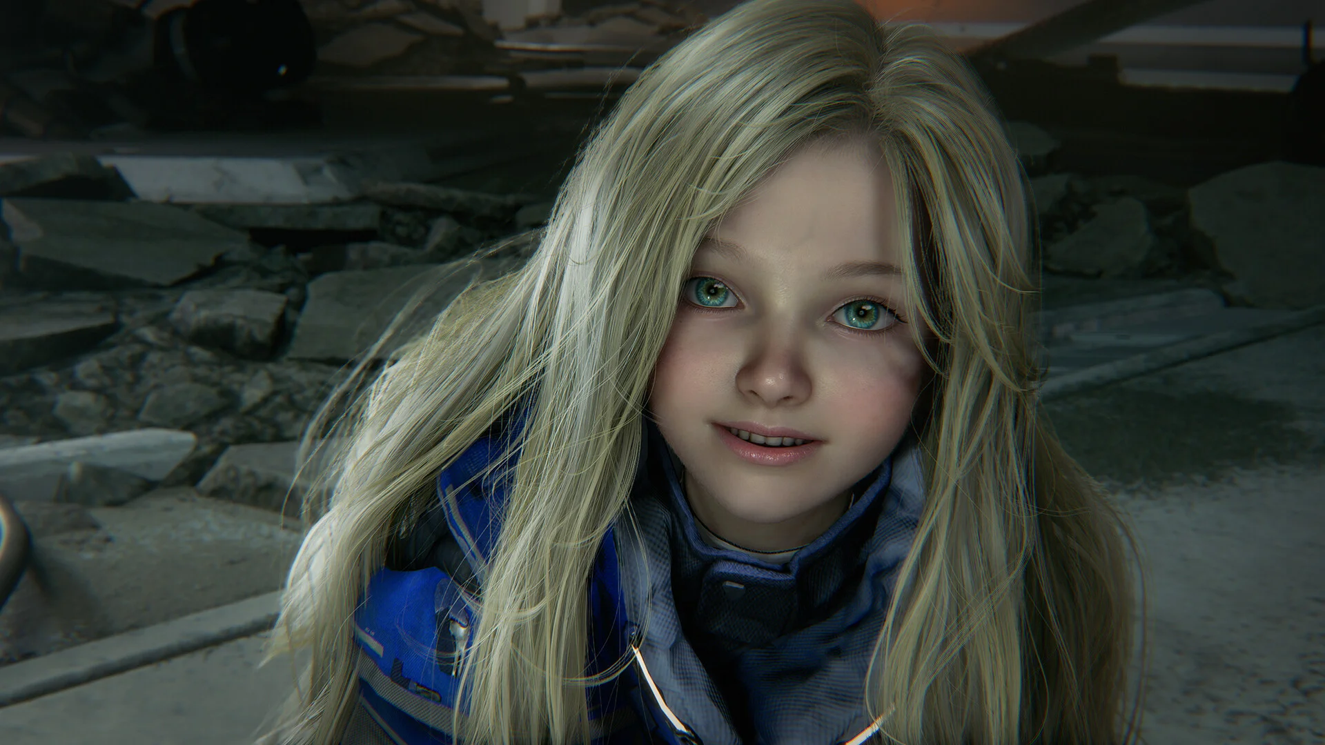 Close view of Diana, a young android with long blonde hair and green eyes, against broken stone
