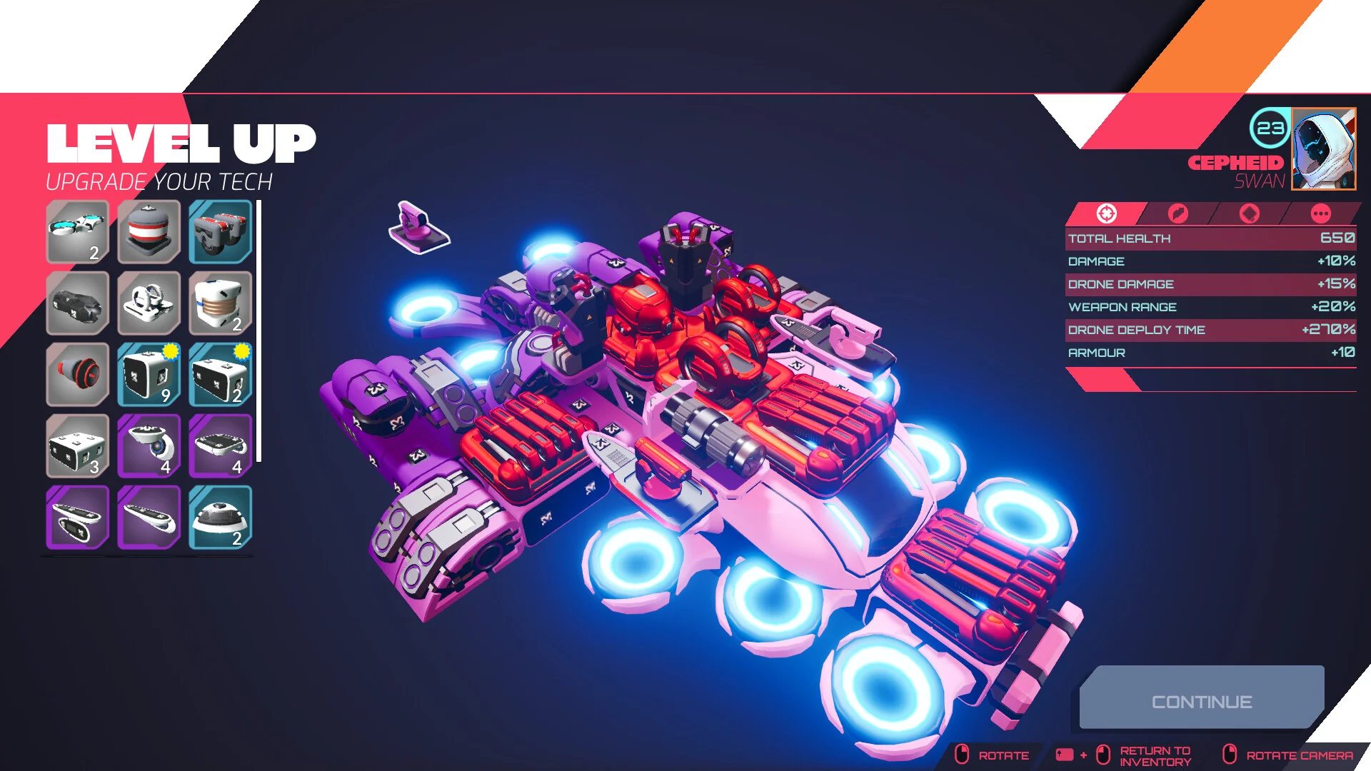Ekran LEVEL UP Cepheid Swan, różowo-fioletowy hover z cyjanowymi pierścieniami i statystyki DRONE DAMAGE