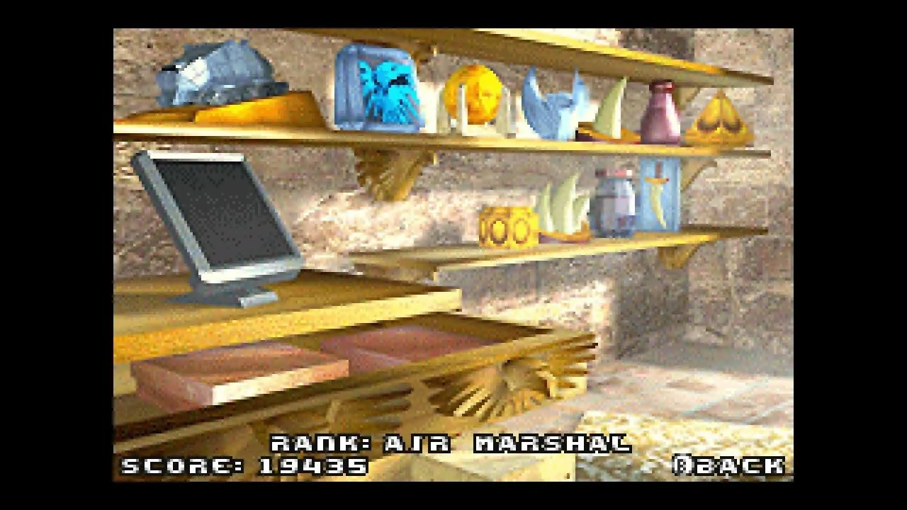 Trophy room shelves with crystal ships and a monitor, Rank Air Marshal, Score 19435