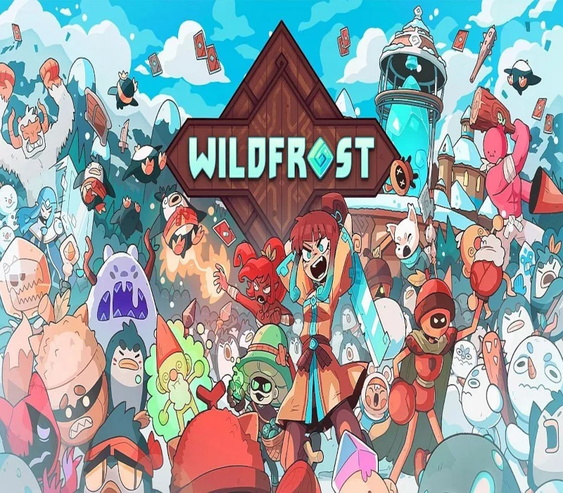 Wildfrost cover: shouting redhead among cartoon snow creatures, WILDFROST wooden badge