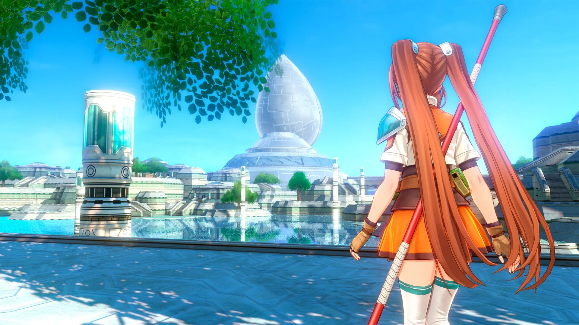 A harbor and a white tower, with an orange-haired character in the foreground