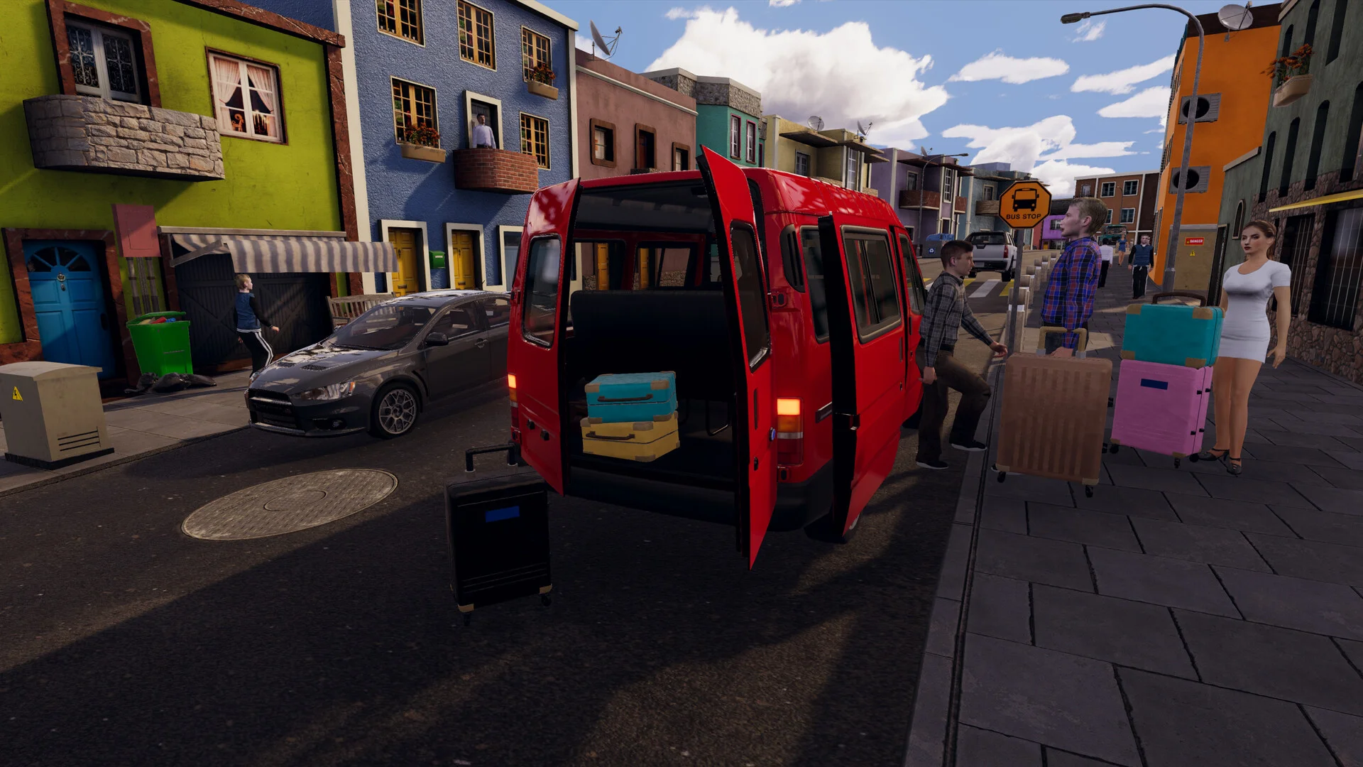 Red van with both rear doors open, cases in the trunk, passengers with luggage at a BUS STOP