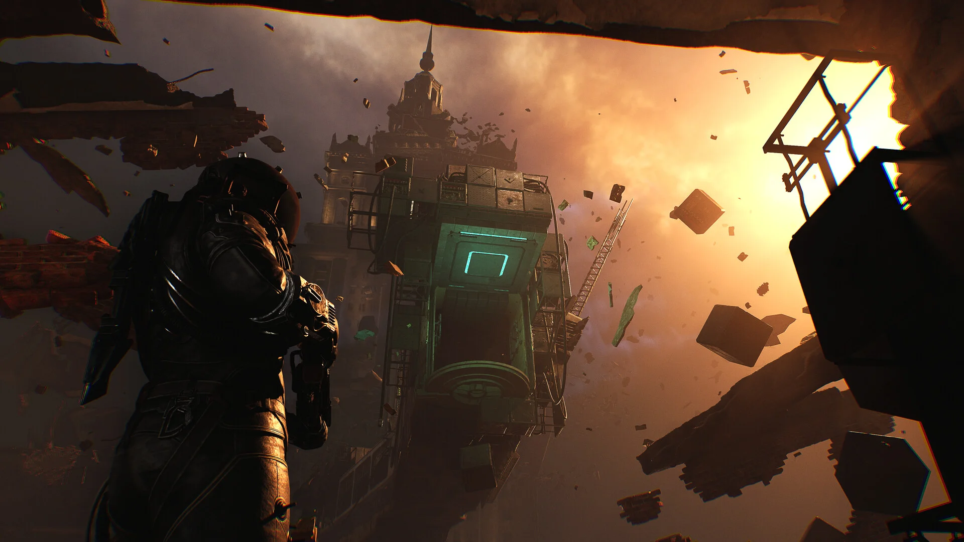 A suited figure looks up at a floating brutalist tower and debris in an orange sky