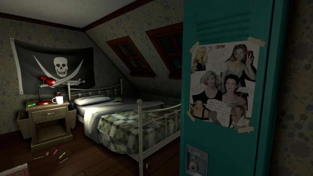 Attic bedroom, pirate flag, metal bed, teal locker with taped photos, red lamp and mug on a nightstand