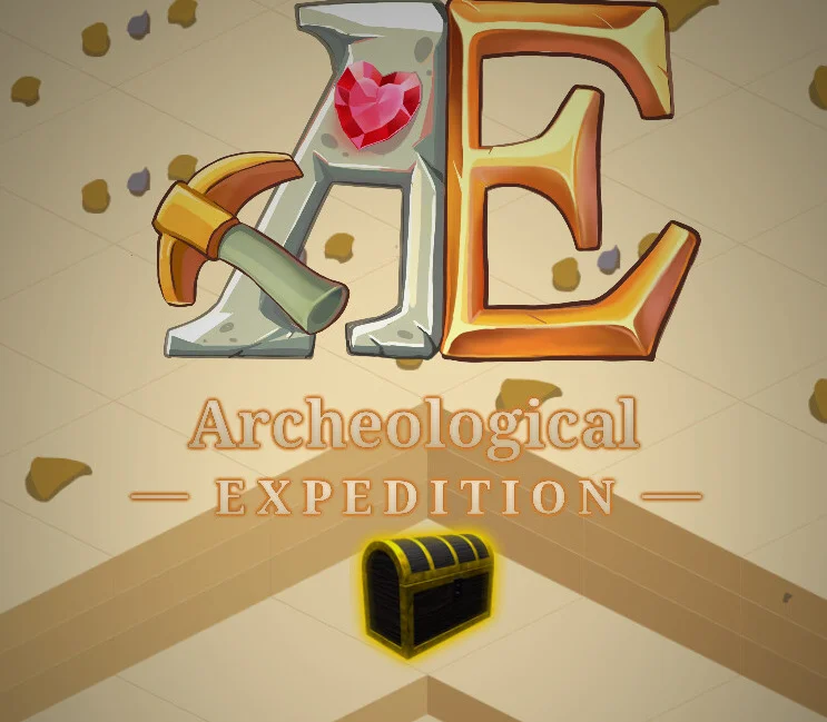AE stone-and-gold letters with a pickaxe and red gem, Archeological Expedition subtitle, glowing treasure chest