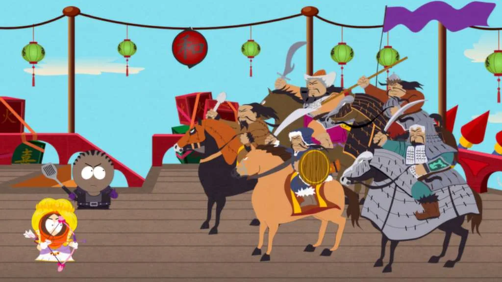 Wooden dock under lanterns where a girl archer and a spatula fighter face mounted warriors in armour and cowboy hats