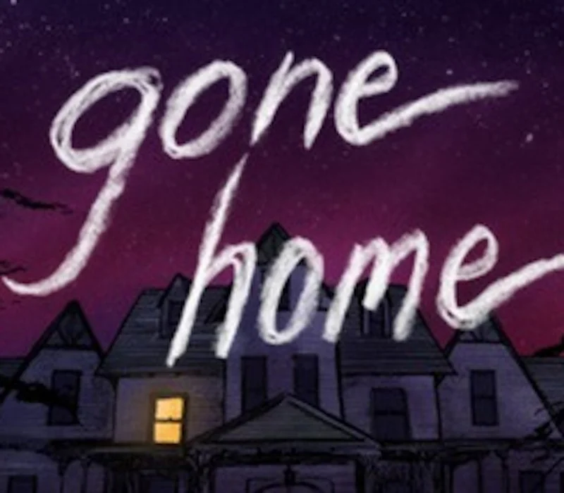 Gone Home cover, purple night sky, white handwritten gone home over a pale house with one yellow window