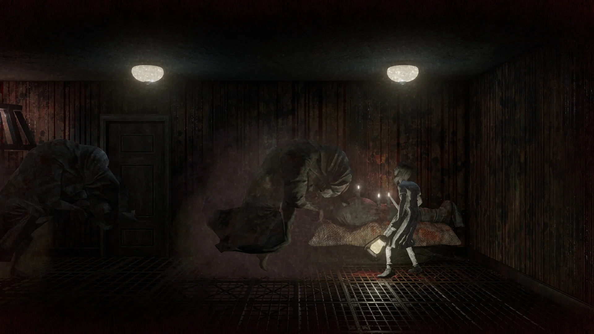 A pale creature crouches in a red-lit room while a small girl stands nearby.