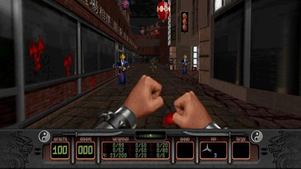 First-person view of fists in a stone corridor with enemies ahead.