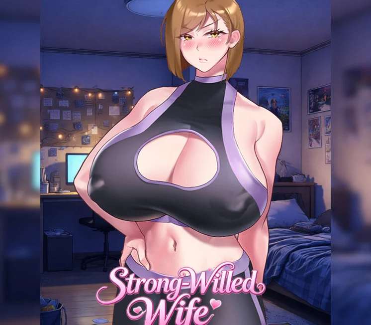 Cover: Kazuko blonde bob yellow eyes, black-purple cutout gym top, bedroom, Strong-Willed Wife