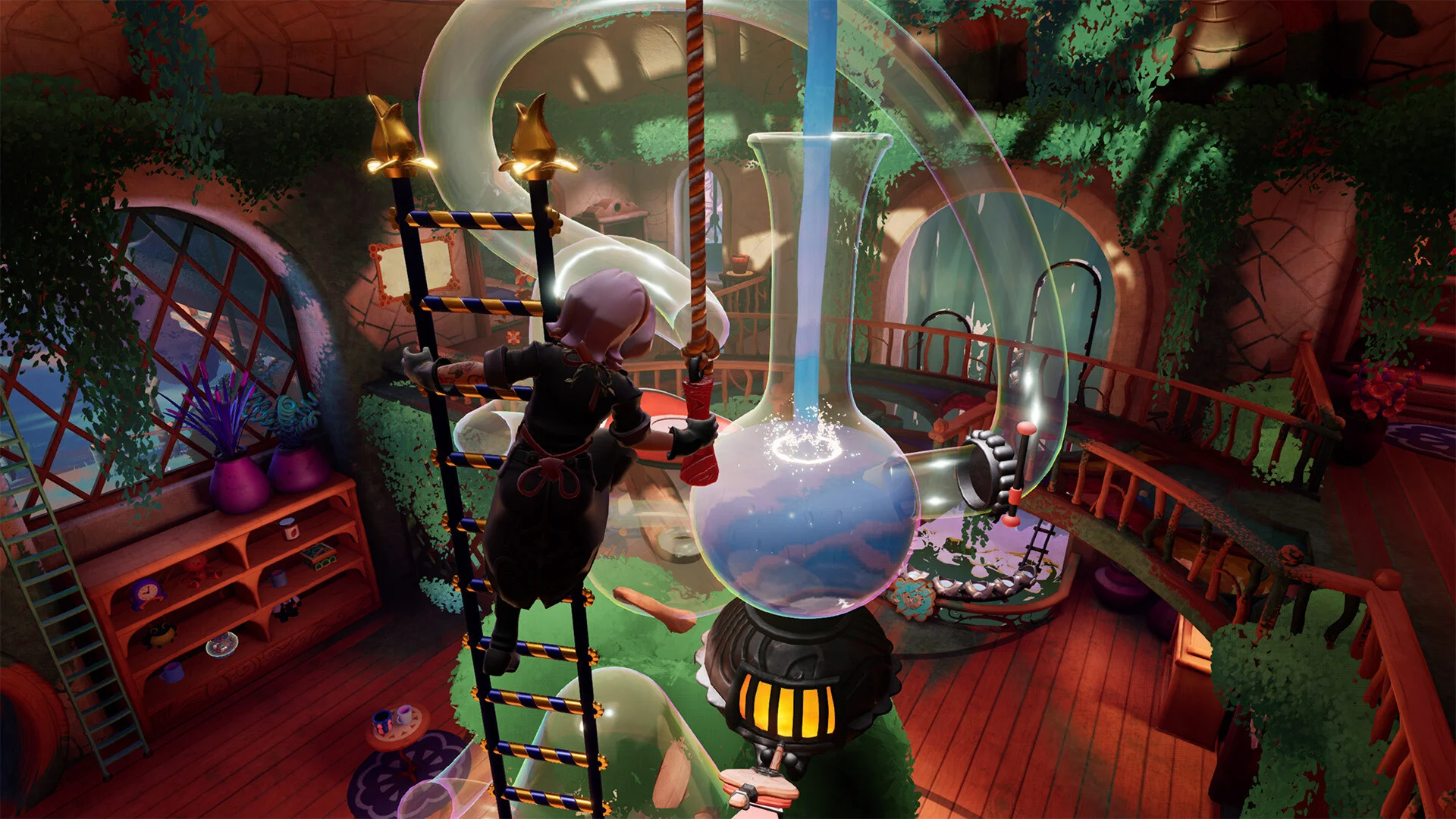 Alta climbs a striped ladder and pulls a rope while a giant glass flask fills with blue liquid inside the wooden shop