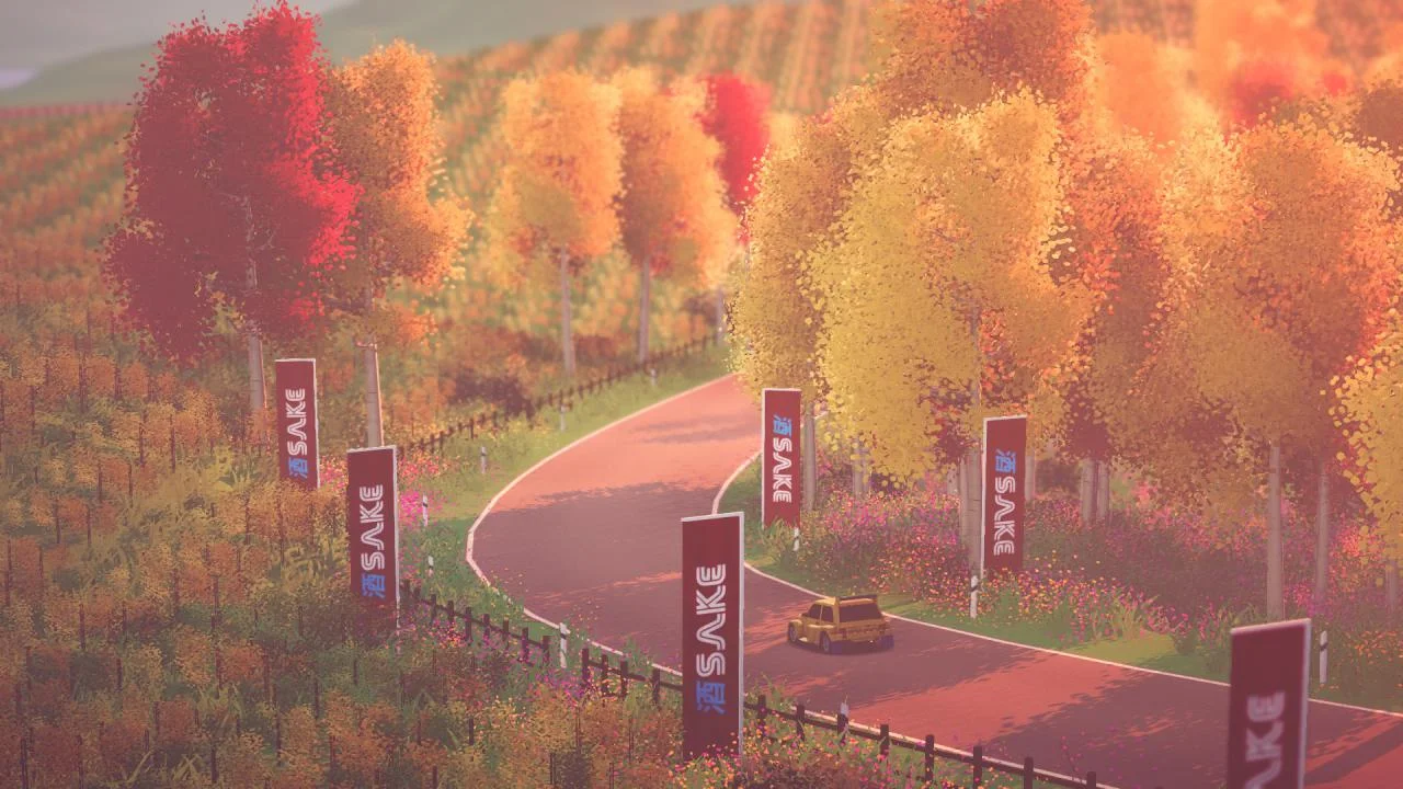 Autumn vineyard stage, yellow hatchback on red tarmac, SAKE banners, gold and red trees lining the fence