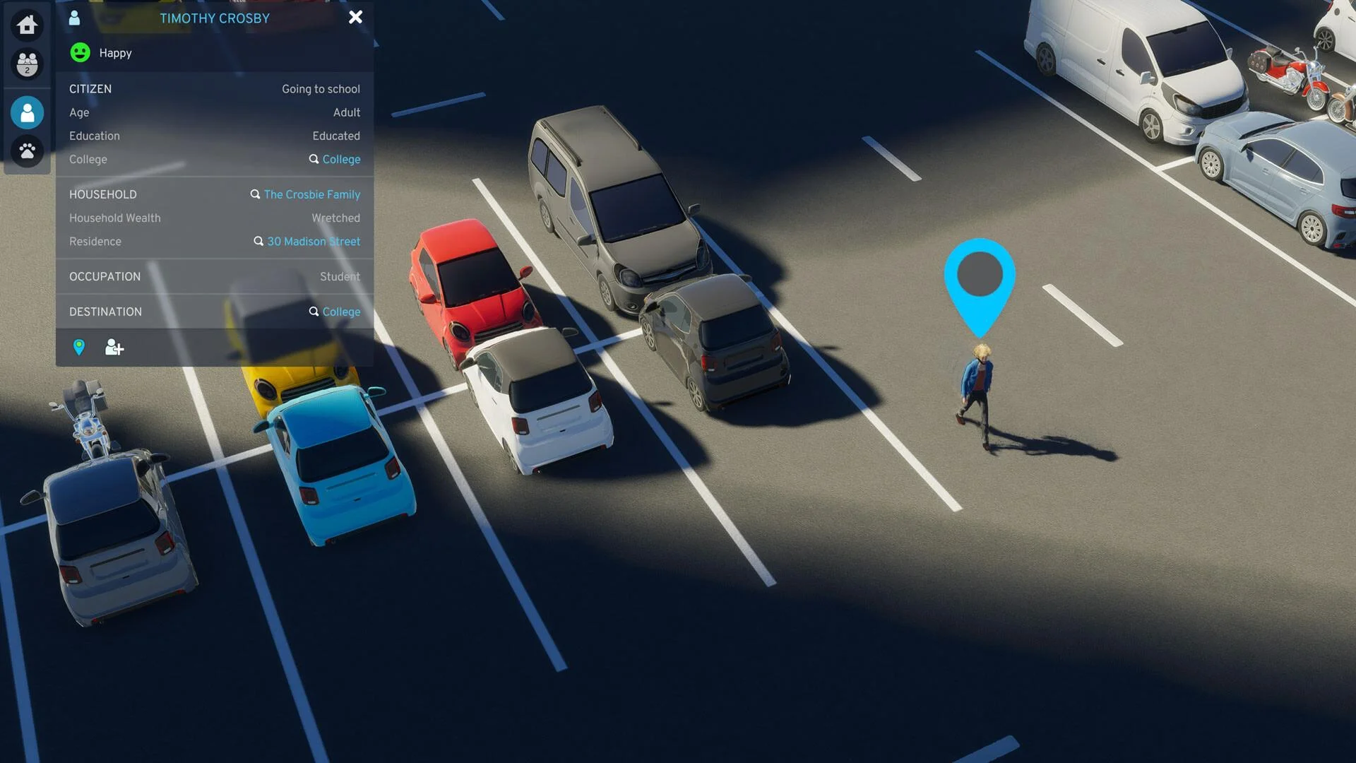 Cars in a parking lot with a person and a blue map pin