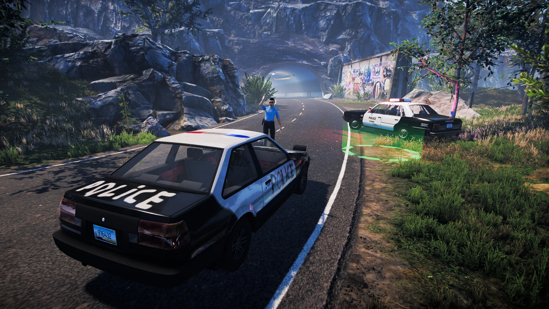 Hand-painted POLICE coupe on a mountain road, officer waving, crashed patrol car highlighted in green