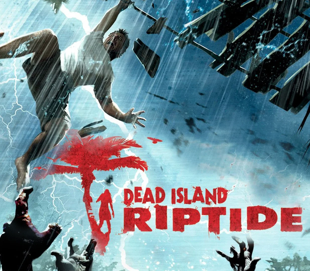 Cover: survivor falling through storm debris with reaching zombie hands and DEAD ISLAND RIPTIDE logo