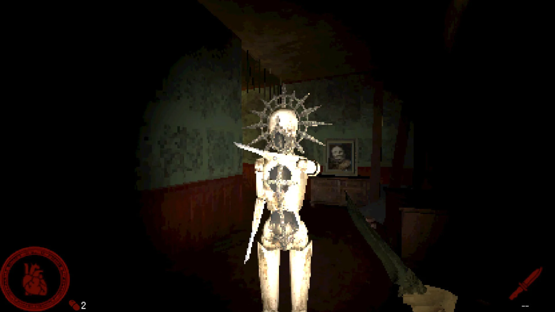 Wooden doll with a spike halo and twin blades in a flashlight beam, heart HUD showing 2, knife on the right