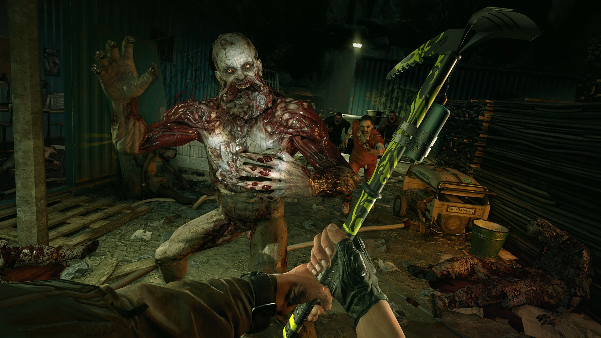 First-person neon-green pickaxe toward a hulking pale brute in a cluttered alley