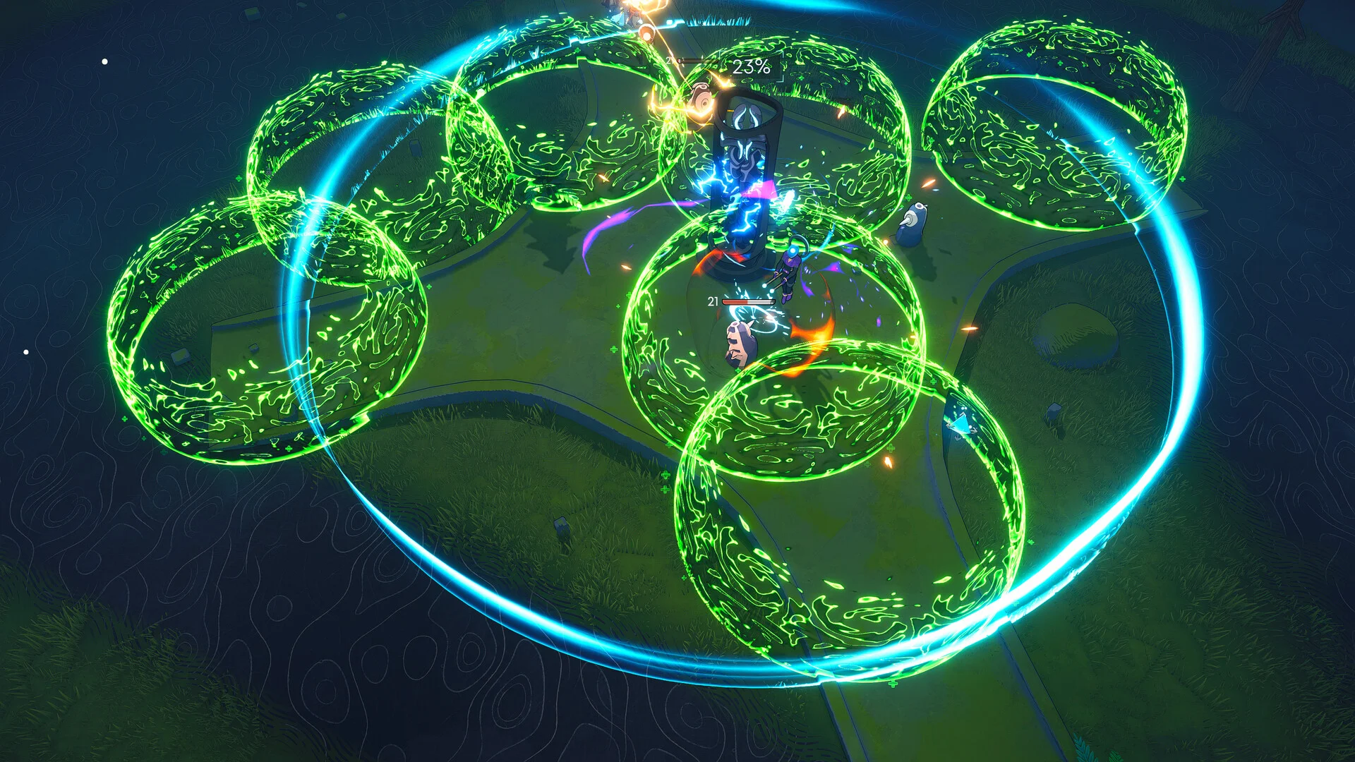 Green swirling rings around a fighter on a lawn, 23 percent bar and a cyan orbit