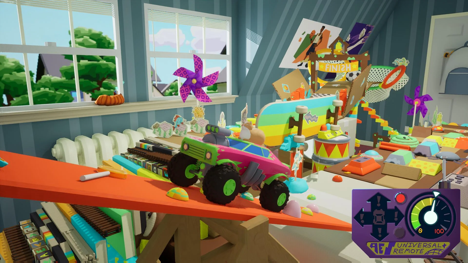 Pink and green toy buggy on an orange ramp in a blue bedroom, finish banner and Universal Remote at 100