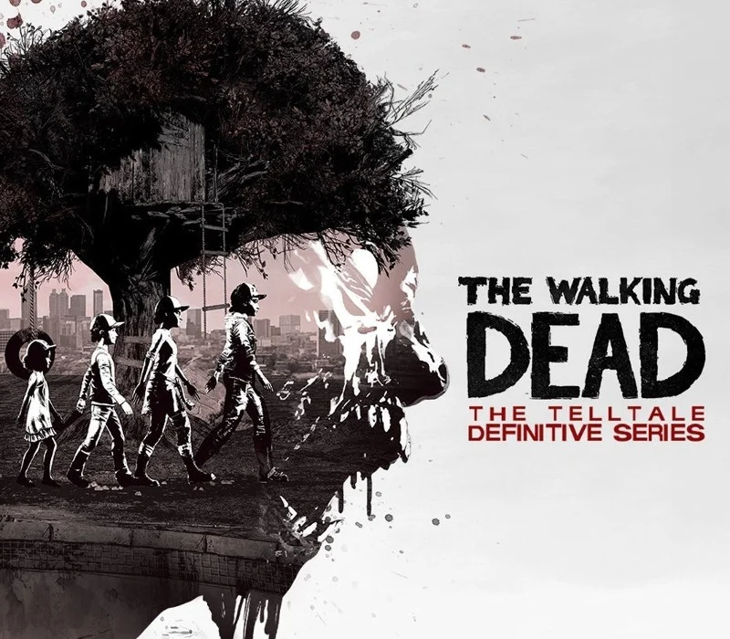 The Walking Dead Telltale Definitive Series cover: four figures walking from a treehouse toward a city skyline