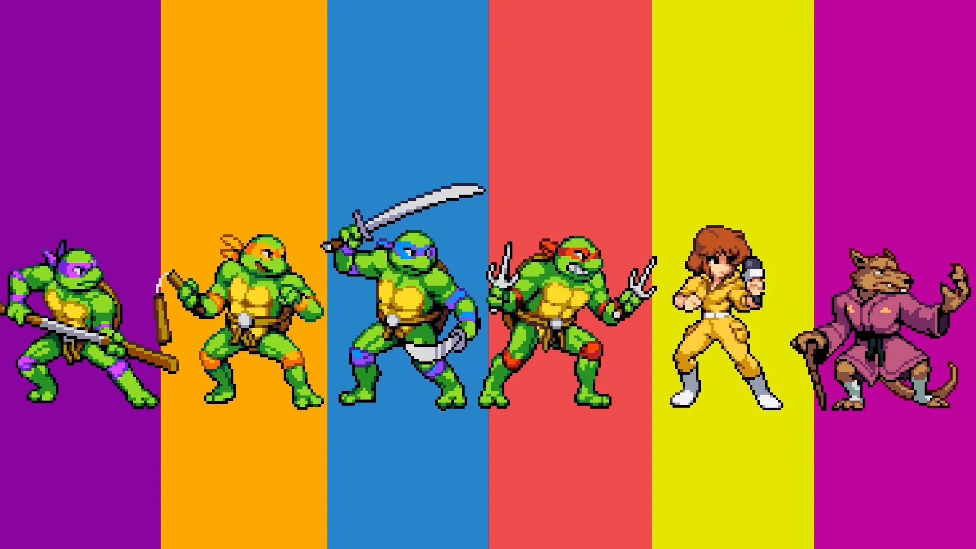 Pixel lineup of Donatello, Michelangelo, Leonardo, Raphael, April in a yellow jumpsuit and Splinter in a purple robe on colour stripes