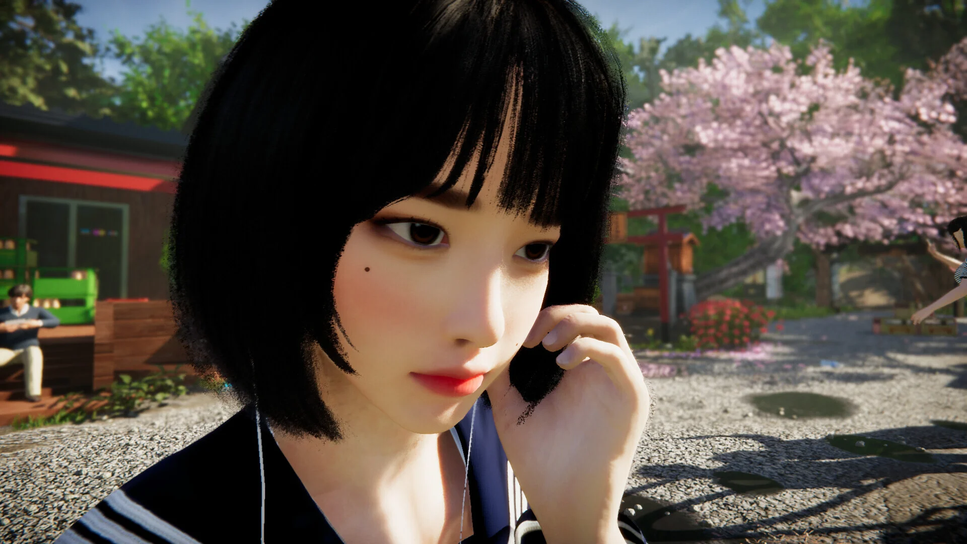 Close-up of a sailor-uniform girl with bangs and a mole, cherry blossoms and a red torii behind her, gravel yard