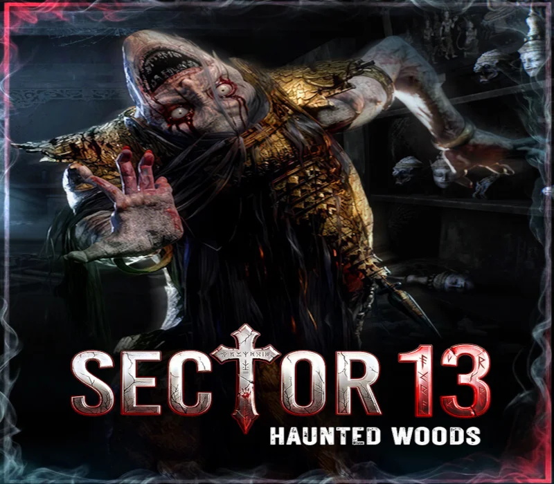 Blady krzyczący stwór wyciąga rękę nad logo Sector 13 Haunted Woods