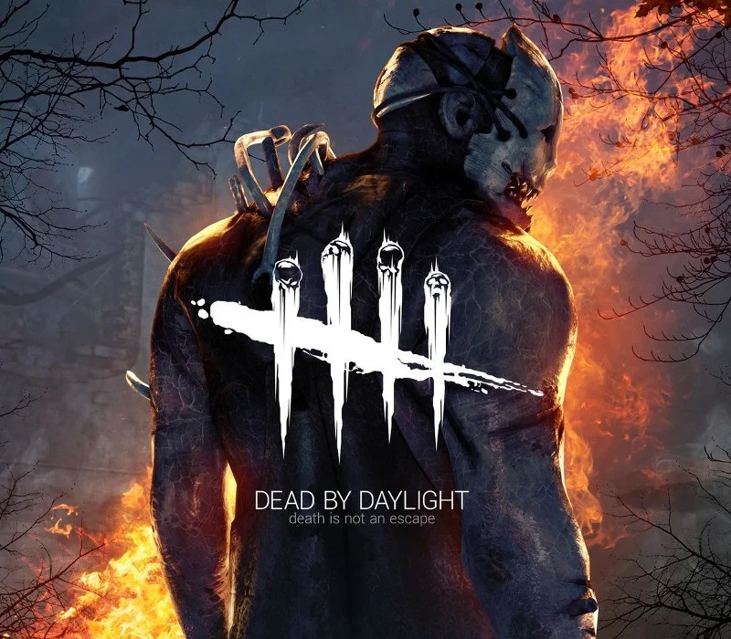 Pale stitched-face killer from behind with hooked spine, white four-slash logo, and fire among bare branches