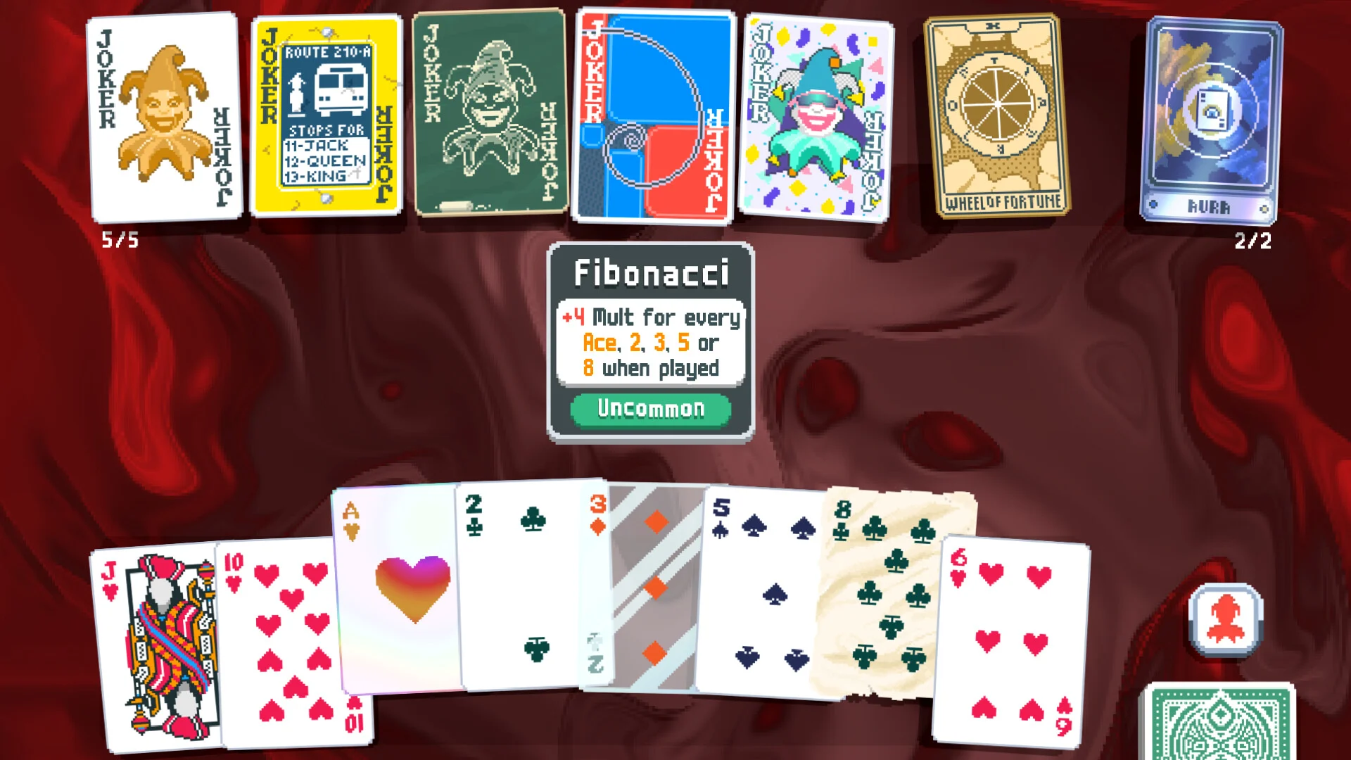 Red shop highlighting the Fibonacci Joker over a hand of hearts, clubs, and a glass Ace